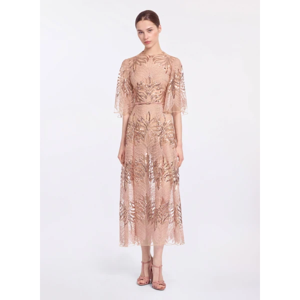 Elie Saab Sequin Embroidered Midi Dress in Pink featuring Round Neck – Luxury Designer Fashion at Luxury Shoes .