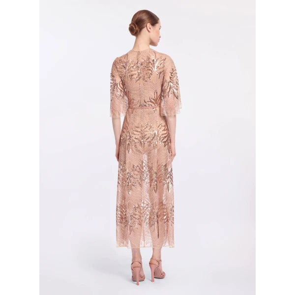 Elie Saab Sequin Embroidered Midi Dress in Pink featuring Round Neck – Luxury Designer Fashion at Luxury Shoes .