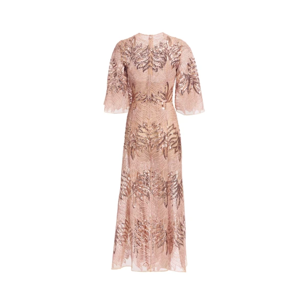 Elie Saab Sequin Embroidered Midi Dress in Pink featuring Round Neck – Luxury Designer Fashion at Luxury Shoes .