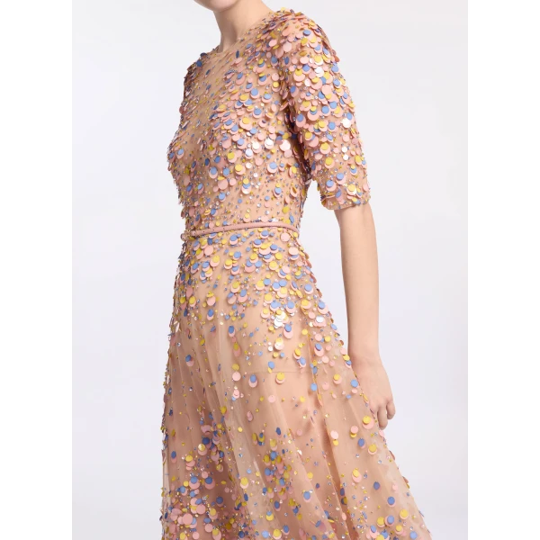 Elie Saab Sequin Embroidered Midi Dress in Pink featuring Multicolored Sequins – Luxury Designer Fashion at Luxury Shoes .