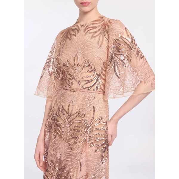 Elie Saab Sequin Embroidered Midi Dress in Pink featuring Round Neck – Luxury Designer Fashion at Luxury Shoes .