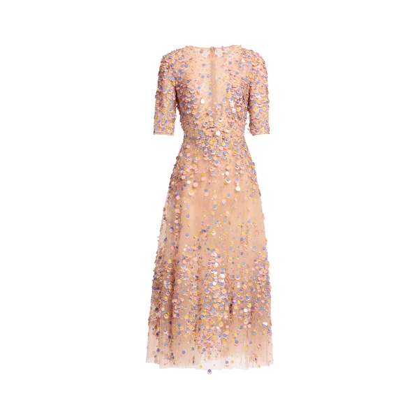 Elie Saab Sequin Embroidered Midi Dress in Pink featuring Multicolored Sequins – Luxury Designer Fashion at Luxury Shoes .