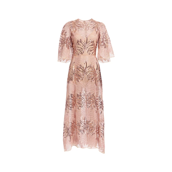 Elie Saab Sequin Embroidered Midi Dress in Pink featuring Round Neck – Luxury Designer Fashion at Luxury Shoes .