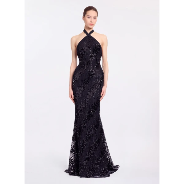 Elie Saab Sequins Halter Long Dress in Black featuring Halter Neck – Luxury Designer Fashion at Luxury Shoes .
