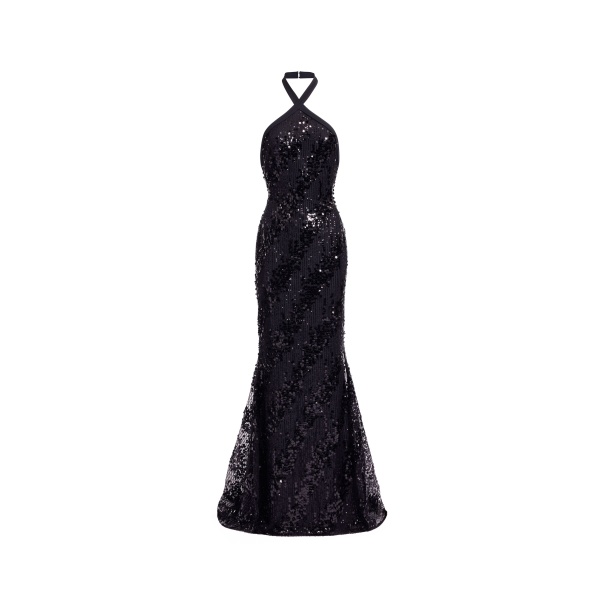 Elie Saab Sequins Halter Long Dress in Black featuring Halter Neck – Luxury Designer Fashion at Luxury Shoes .