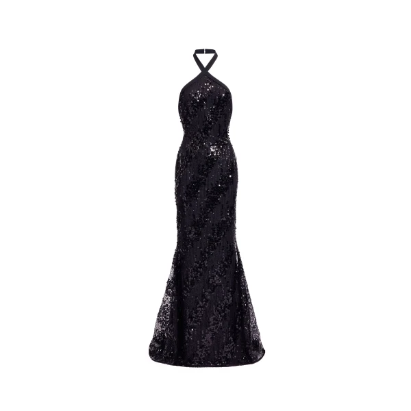 Elie Saab Sequins Halter Long Dress in Black featuring Halter Neck – Luxury Designer Fashion at Luxury Shoes .
