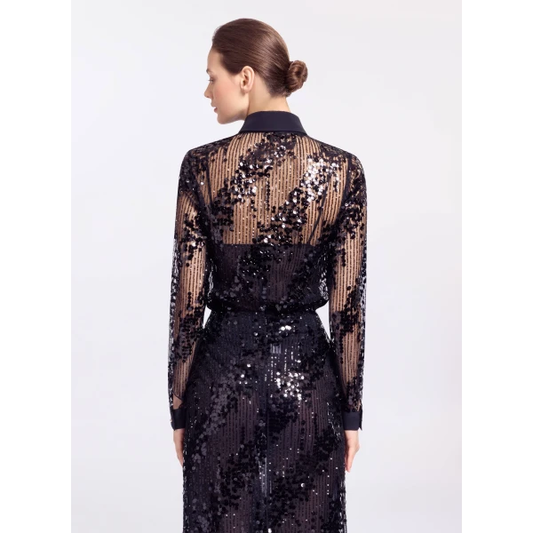 Elie Saab Sequins Shirt in Black featuring Classic Collar – Luxury Designer Fashion at Luxury Shoes .