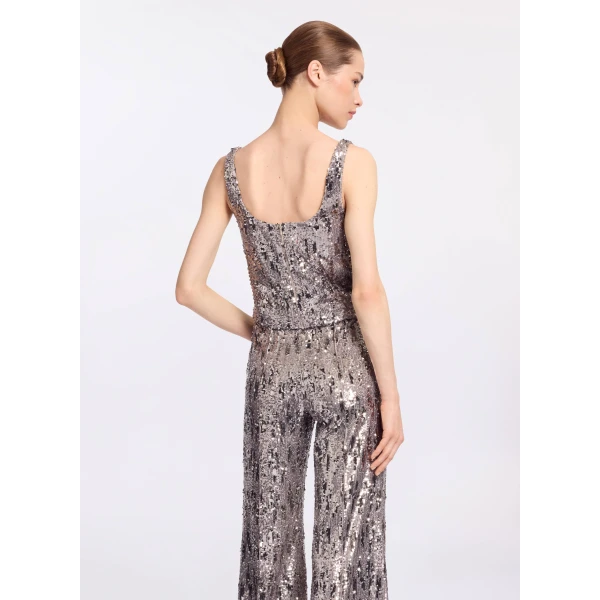 Elie Saab Sequins Top in Silver featuring Scoop Neckline – Luxury Designer Fashion at Luxury Shoes .