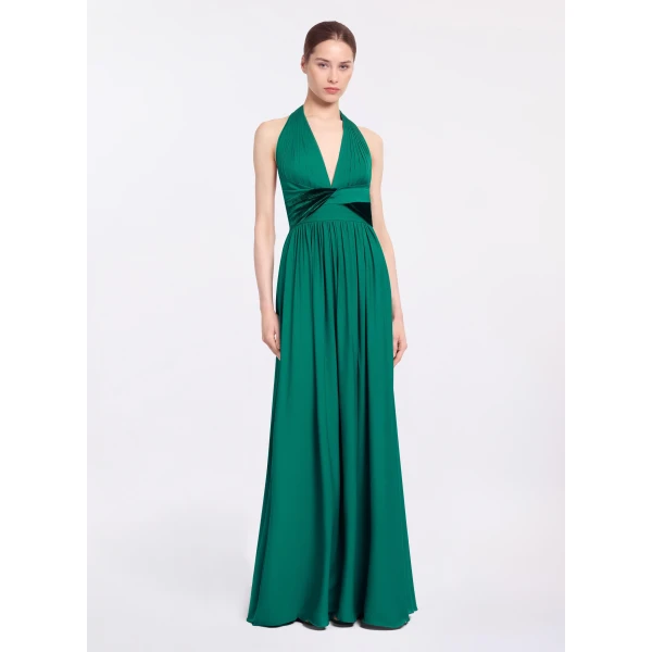 Elie Saab Silk And Velvet Long Dress in Green featuring Silk & Velvet Draping – Luxury Designer Fashion at Luxury Shoes .