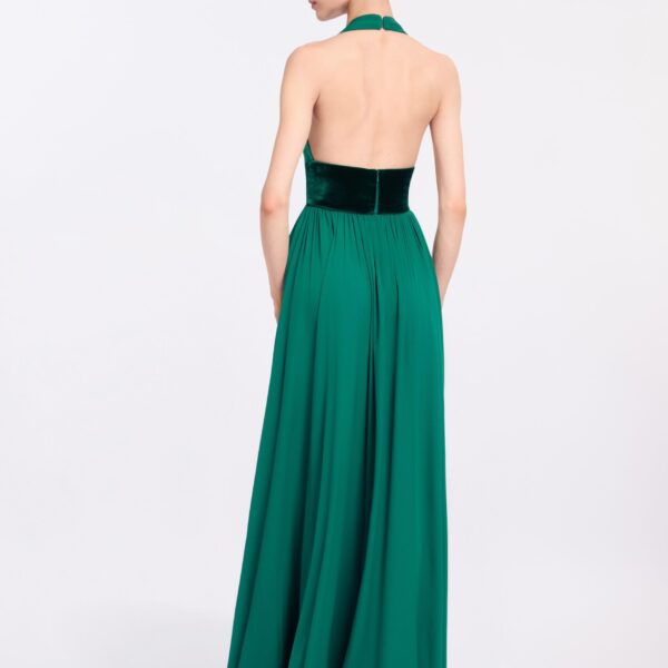 Elie Saab Silk And Velvet Long Dress in Green featuring Silk & Velvet Draping – Luxury Designer Fashion at Luxury Shoes .