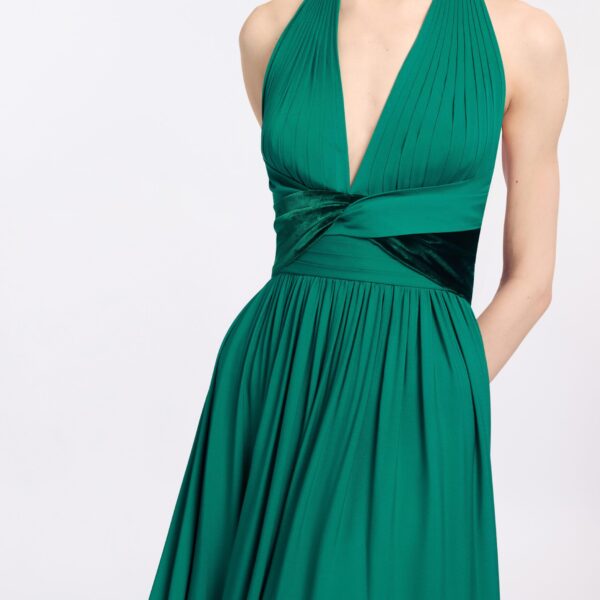 Elie Saab Silk And Velvet Long Dress in Green featuring Silk & Velvet Draping – Luxury Designer Fashion at Luxury Shoes .