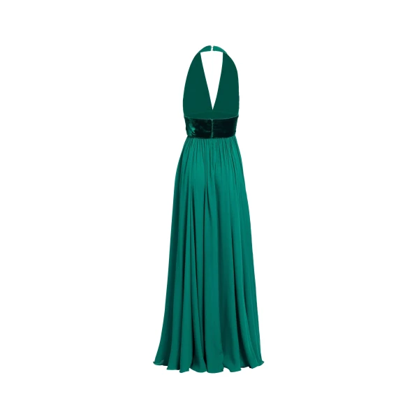 Elie Saab Silk And Velvet Long Dress in Green featuring Silk & Velvet Draping – Luxury Designer Fashion at Luxury Shoes .