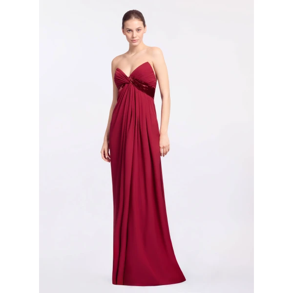 Elie Saab Silk And Velvet Long Dress in Red featuring Velvet & Silk Draped Bust – Luxury Designer Fashion at Luxury Shoes .