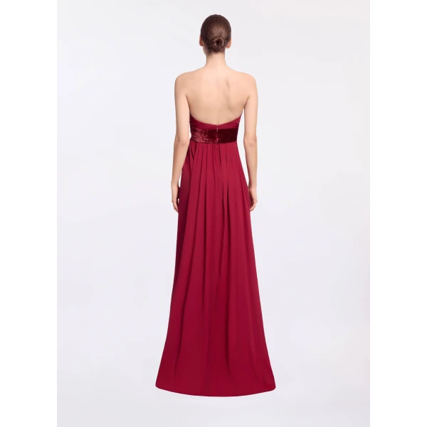 Elie Saab Silk And Velvet Long Dress in Red featuring Velvet & Silk Draped Bust – Luxury Designer Fashion at Luxury Shoes .