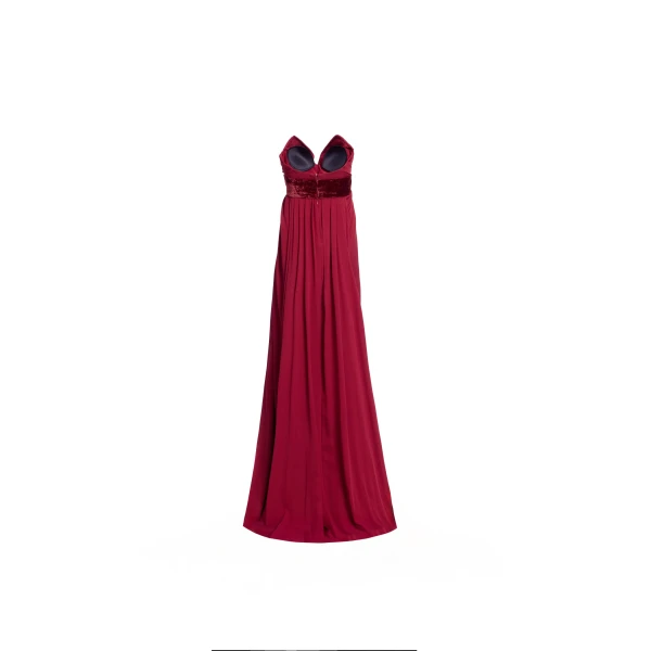 Elie Saab Silk And Velvet Long Dress in Red featuring Velvet & Silk Draped Bust – Luxury Designer Fashion at Luxury Shoes .