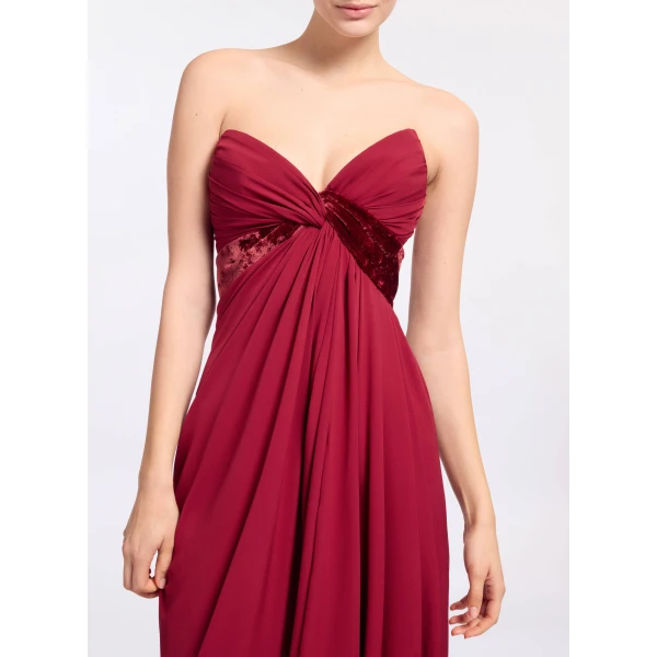 Elie Saab Silk And Velvet Long Dress in Red featuring Velvet & Silk Draped Bust – Luxury Designer Fashion at Luxury Shoes .