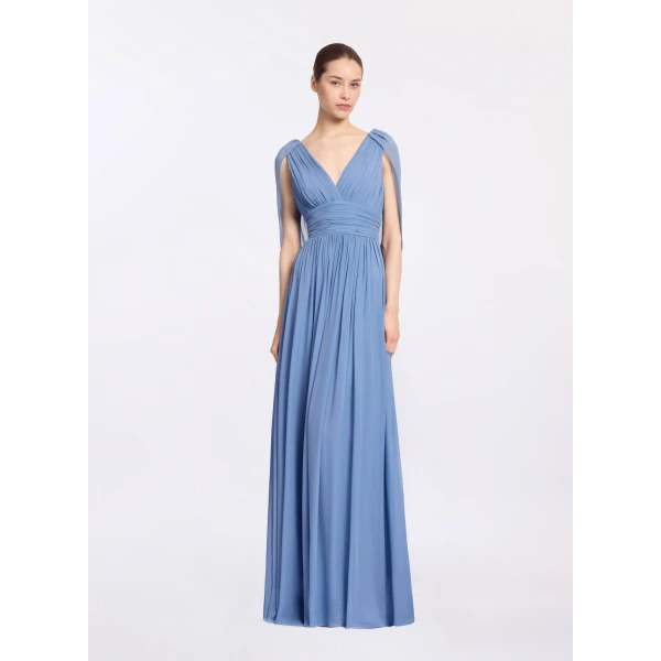 Elie Saab Silk Long Dress in Blue featuring V-Neck – Luxury Designer Fashion at Luxury Shoes .
