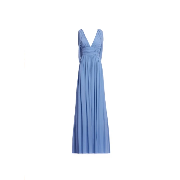Elie Saab Silk Long Dress in Blue featuring V-Neck – Luxury Designer Fashion at Luxury Shoes .
