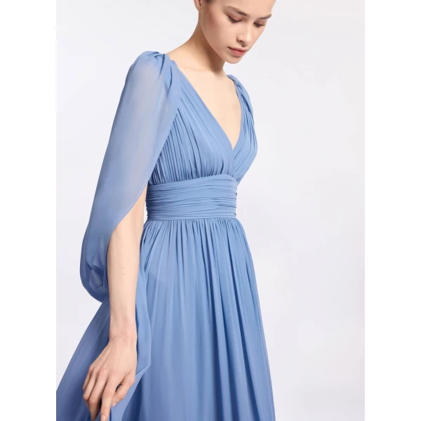 Elie Saab Silk Long Dress in Blue featuring V-Neck – Luxury Designer Fashion at Luxury Shoes .