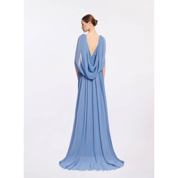 Elie Saab Silk Long Dress in Blue featuring V-Neck – Luxury Designer Fashion at Luxury Shoes .
