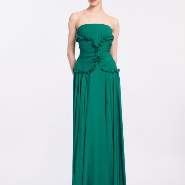 Elie Saab Silk Long Dress in Green featuring Ruffle Details – Luxury Designer Fashion at Luxury Shoes .