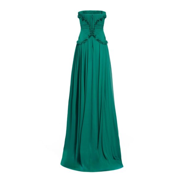 Elie Saab Silk Long Dress in Green featuring Ruffle Details – Luxury Designer Fashion at Luxury Shoes .