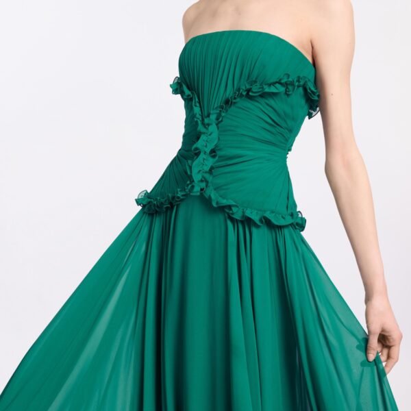 Elie Saab Silk Long Dress in Green featuring Ruffle Details – Luxury Designer Fashion at Luxury Shoes .