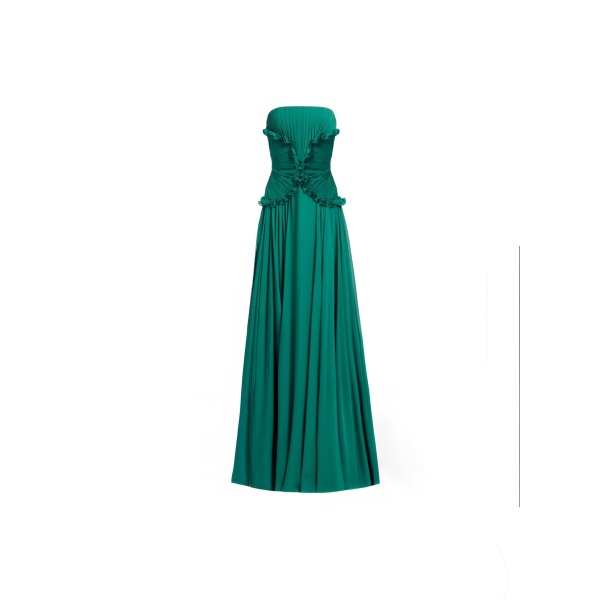 Elie Saab Silk Long Dress in Green featuring Ruffle Details – Luxury Designer Fashion at Luxury Shoes .