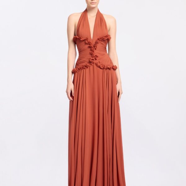 Elie Saab Silk Long Dress in Orange featuring Ruffle Details – Luxury Designer Fashion at Luxury Shoes .