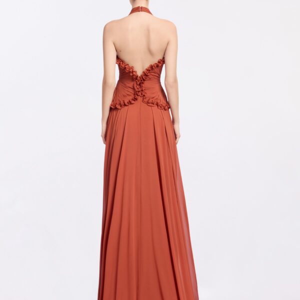 Elie Saab Silk Long Dress in Orange featuring Ruffle Details – Luxury Designer Fashion at Luxury Shoes .