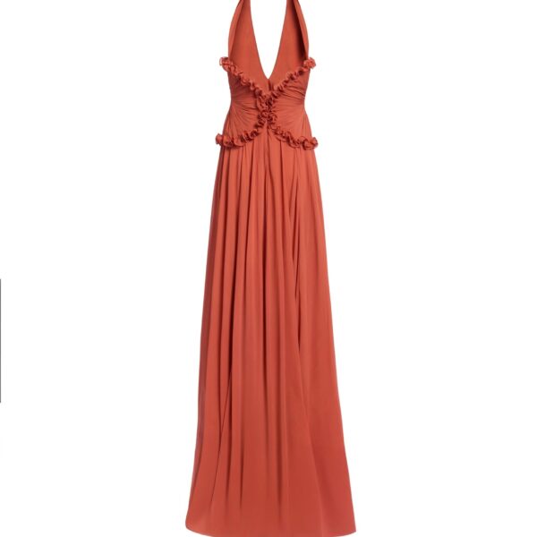 Elie Saab Silk Long Dress in Orange featuring Ruffle Details – Luxury Designer Fashion at Luxury Shoes .