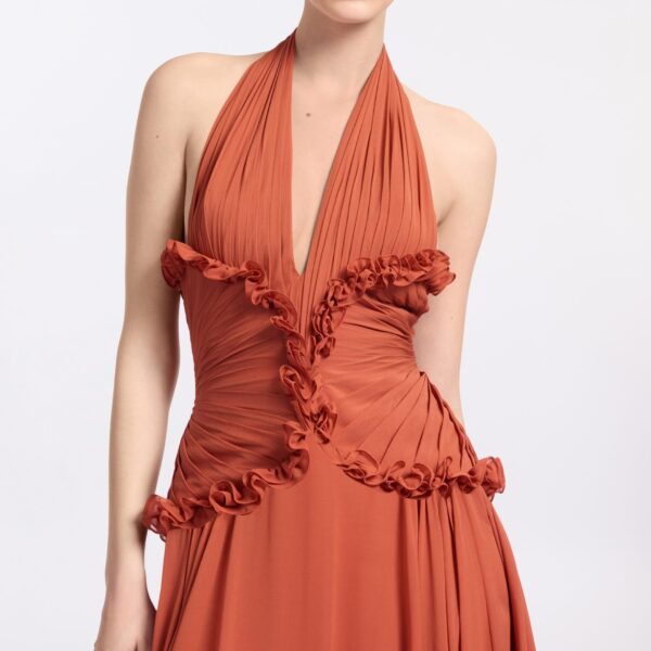 Elie Saab Silk Long Dress in Orange featuring Ruffle Details – Luxury Designer Fashion at Luxury Shoes .