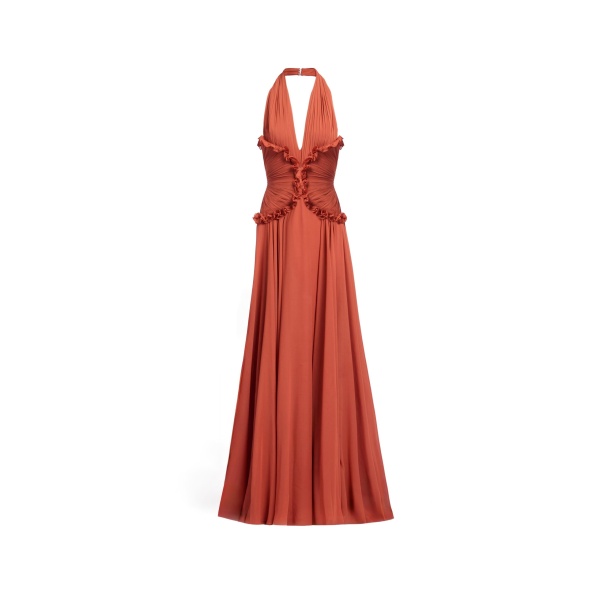 Elie Saab Silk Long Dress in Orange featuring Ruffle Details – Luxury Designer Fashion at Luxury Shoes .