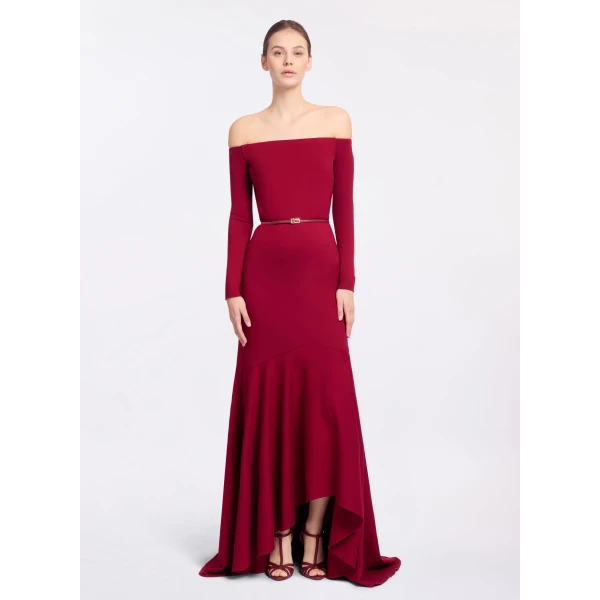 Elie Saab Structured Jersey Long Dress in Red featuring Off-The-Shoulder – Luxury Designer Fashion at Luxury Shoes .