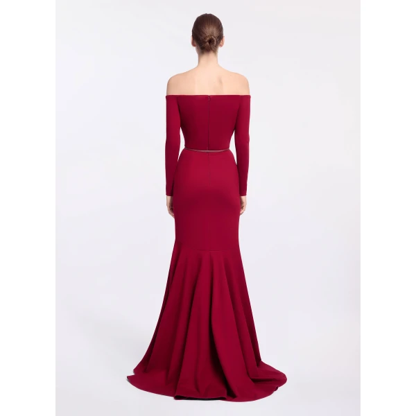 Elie Saab Structured Jersey Long Dress in Red featuring Off-The-Shoulder – Luxury Designer Fashion at Luxury Shoes .