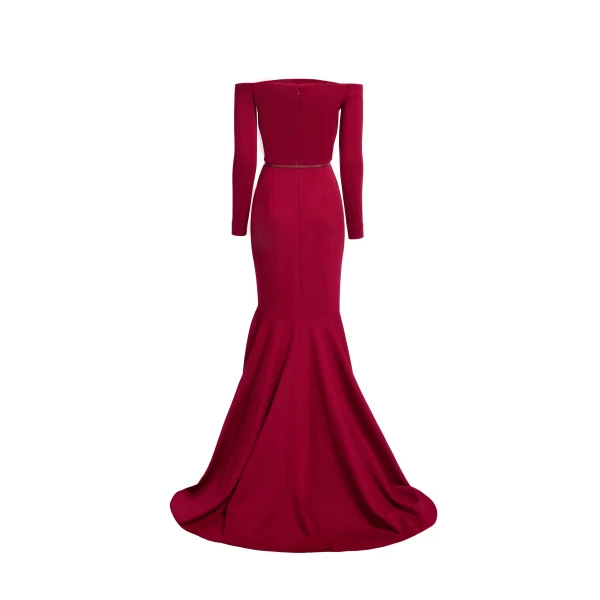 Elie Saab Structured Jersey Long Dress in Red featuring Off-The-Shoulder – Luxury Designer Fashion at Luxury Shoes .