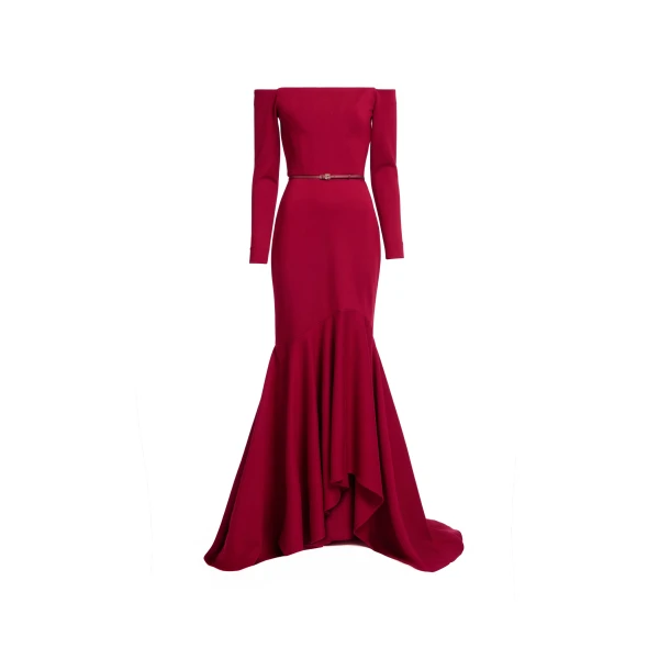 Elie Saab Structured Jersey Long Dress in Red featuring Off-The-Shoulder – Luxury Designer Fashion at Luxury Shoes .