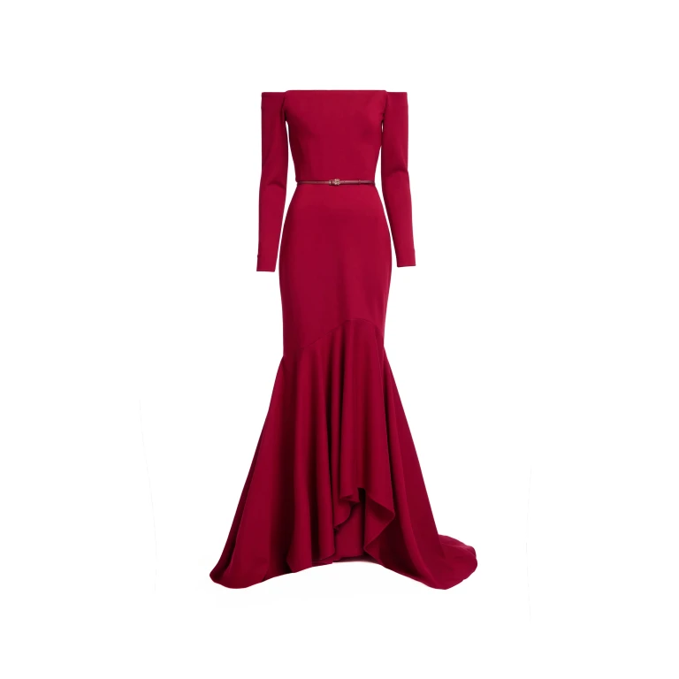 Elie Saab Structured Jersey Long Dress in Red featuring Off-The-Shoulder – Luxury Designer Fashion at Luxury Shoes .