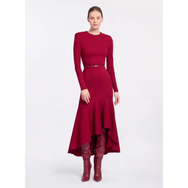 Elie Saab Structured Jersey Midi Dress in Red featuring Round Neck – Luxury Designer Fashion at Luxury Shoes .