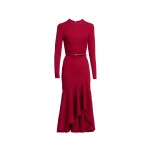 Elie Saab Structured Jersey Midi Dress in Red featuring Round Neck – Luxury Designer Fashion at Luxury Shoes .