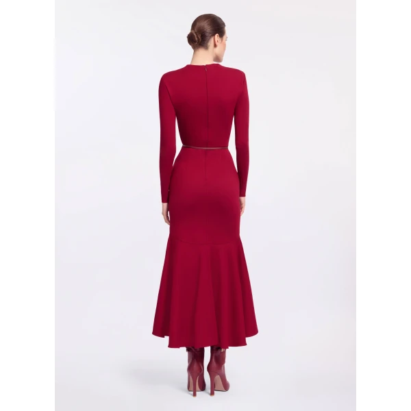 Elie Saab Structured Jersey Midi Dress in Red featuring Round Neck – Luxury Designer Fashion at Luxury Shoes .