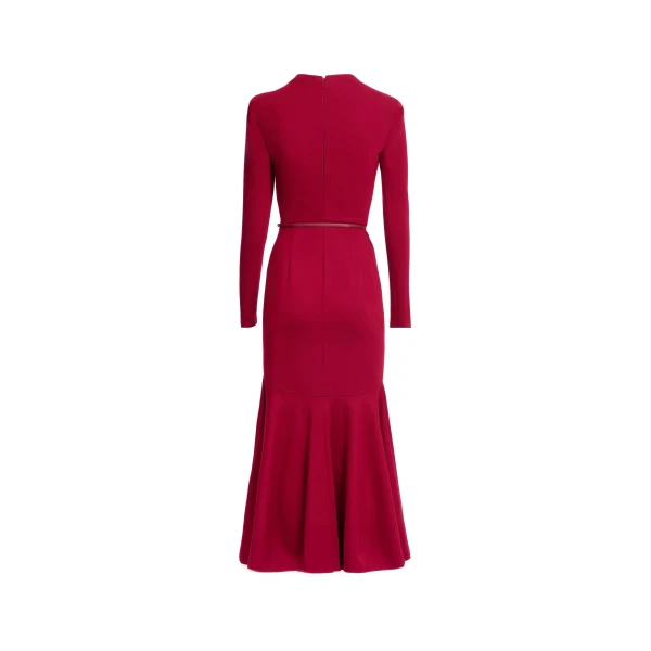 Elie Saab Structured Jersey Midi Dress in Red featuring Round Neck – Luxury Designer Fashion at Luxury Shoes .