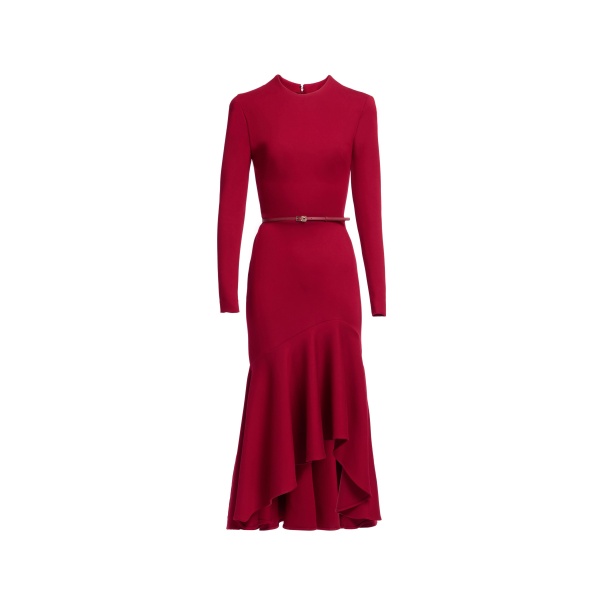 Elie Saab Structured Jersey Midi Dress in Red featuring Round Neck – Luxury Designer Fashion at Luxury Shoes .