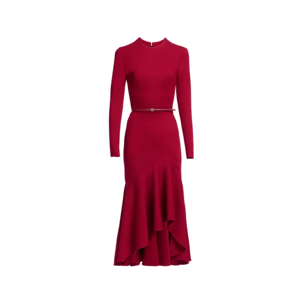 Elie Saab Structured Jersey Midi Dress in Red featuring Round Neck – Luxury Designer Fashion at Luxury Shoes .