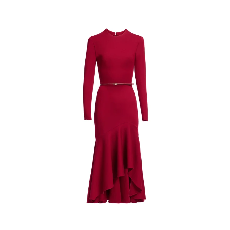 Elie Saab Structured Jersey Midi Dress in Red featuring Round Neck – Luxury Designer Fashion at Luxury Shoes .