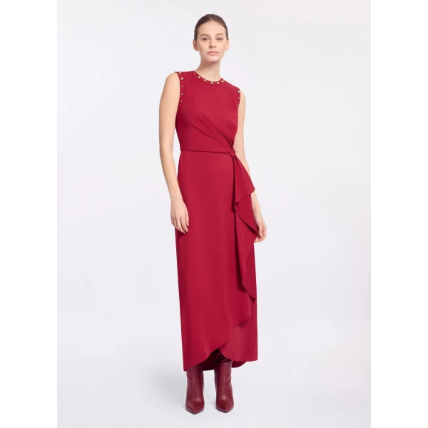 Elie Saab Stud Embellished Cady Dress in Red featuring Stud Embellishments – Luxury Designer Fashion at Luxury Shoes .