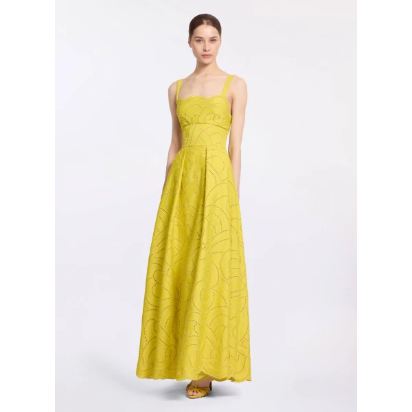Elie Saab Swirl Embroidered Cotton Dress in Yellow featuring Cutwork Swirl Embroidery – Luxury Designer Fashion at Luxury Shoes .