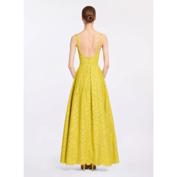 Elie Saab Swirl Embroidered Cotton Dress in Yellow featuring Cutwork Swirl Embroidery – Luxury Designer Fashion at Luxury Shoes .
