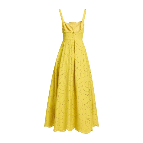 Elie Saab Swirl Embroidered Cotton Dress in Yellow featuring Cutwork Swirl Embroidery – Luxury Designer Fashion at Luxury Shoes .