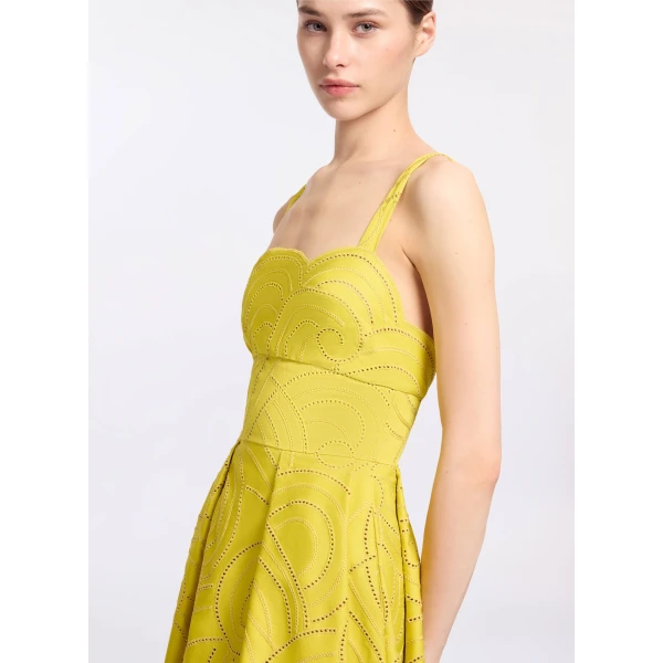 Elie Saab Swirl Embroidered Cotton Dress in Yellow featuring Cutwork Swirl Embroidery – Luxury Designer Fashion at Luxury Shoes .
